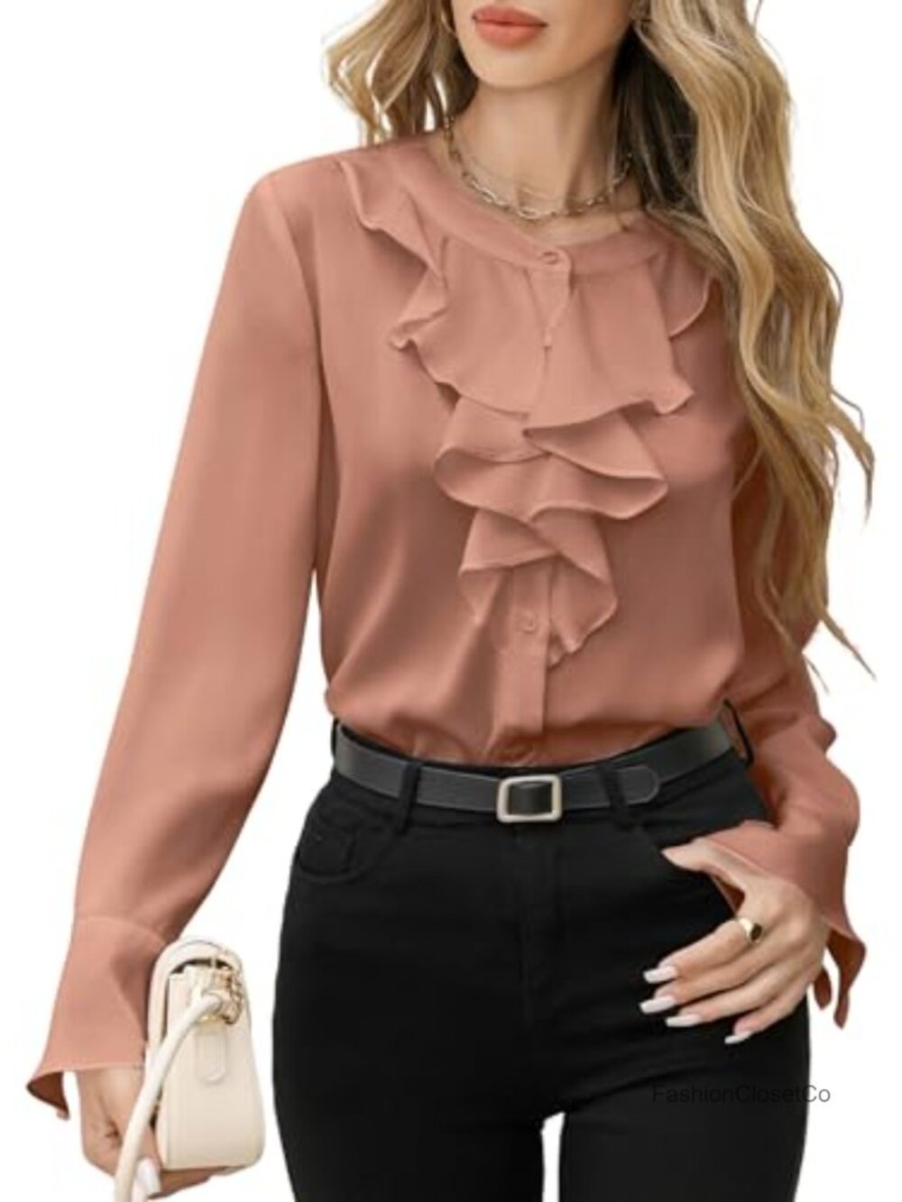 Womens Button Down Blouse Long Bell Sleeve Ruffle Business Shirt